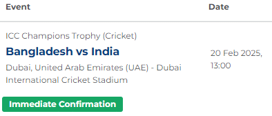 Bangladesh vs India Champions Trophy 2025 Tickets